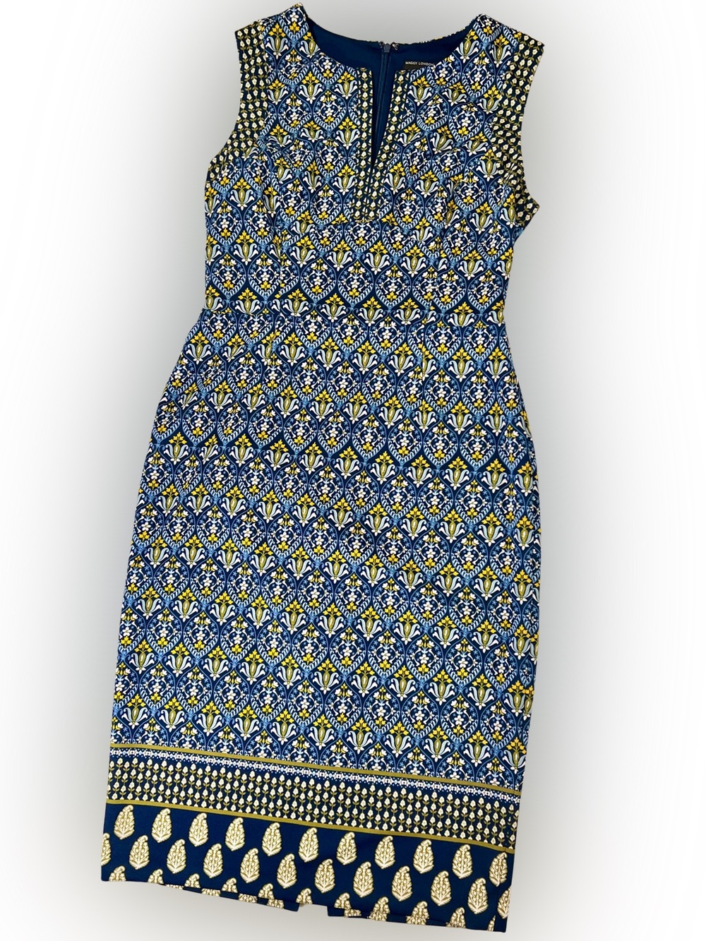 Maggy London Navy Blue and Yellow Floral Tile Printed Midi Dress